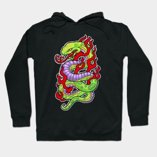 Green and purple snake, with red flames tattoo style Hoodie